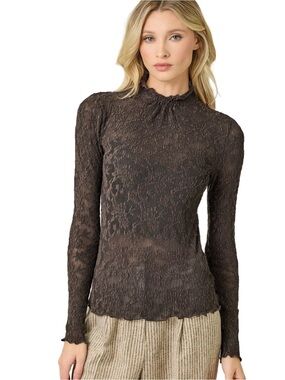 Lettuce edge textured knit Brown Lace Mock Neck Long Sleeve Top